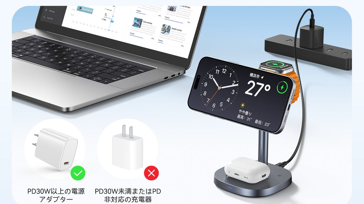 スマートフォンと時計、イヤホンケースを配置したRORRY A8充電スタンド