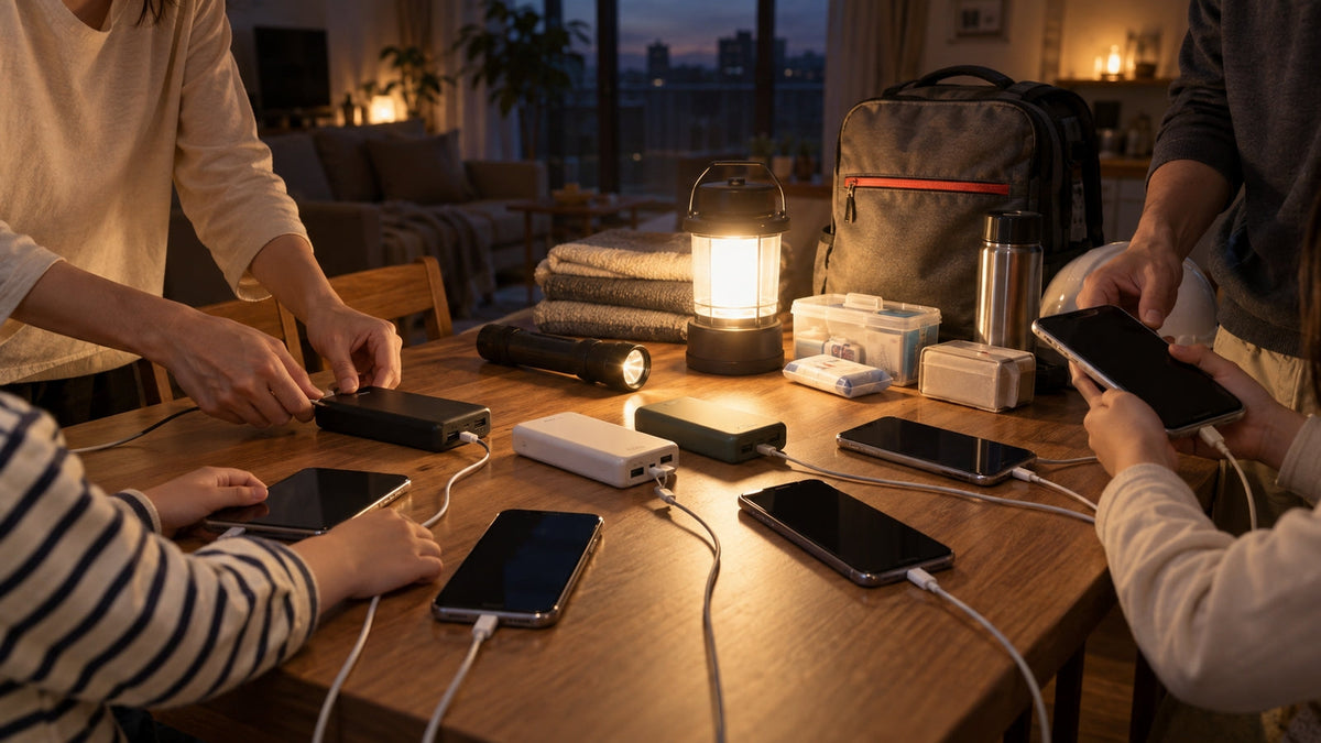 停電時に家族のスマートフォンを複数のモバイルバッテリーで充電する備え
