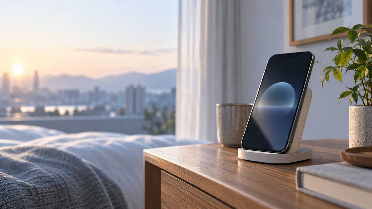 朝の充電スタンドに置かれたスマートフォンと寝室の風景