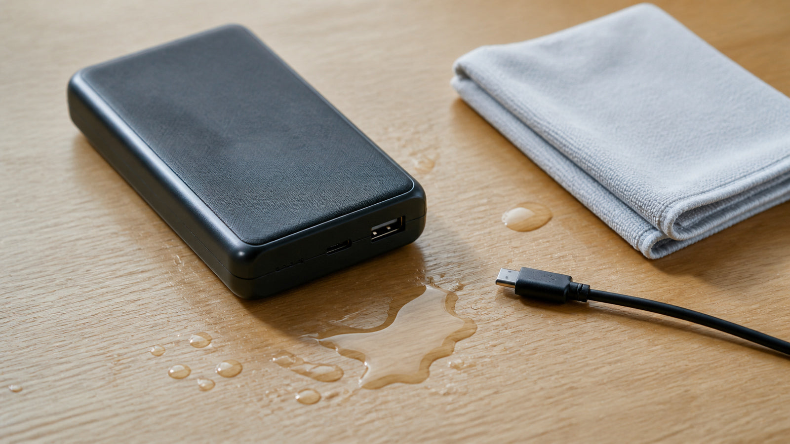 水に濡れたモバイルバッテリーと外した充電ケーブル