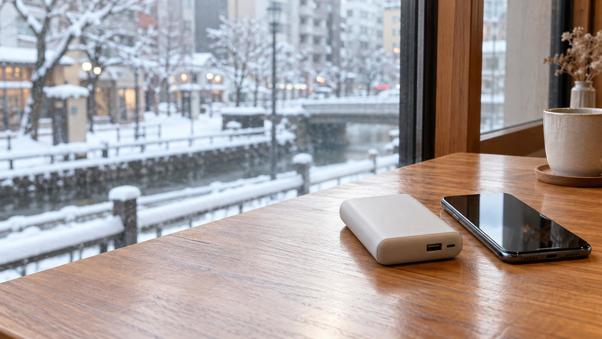 冬の窓辺に置いたモバイルバッテリーとスマートフォン