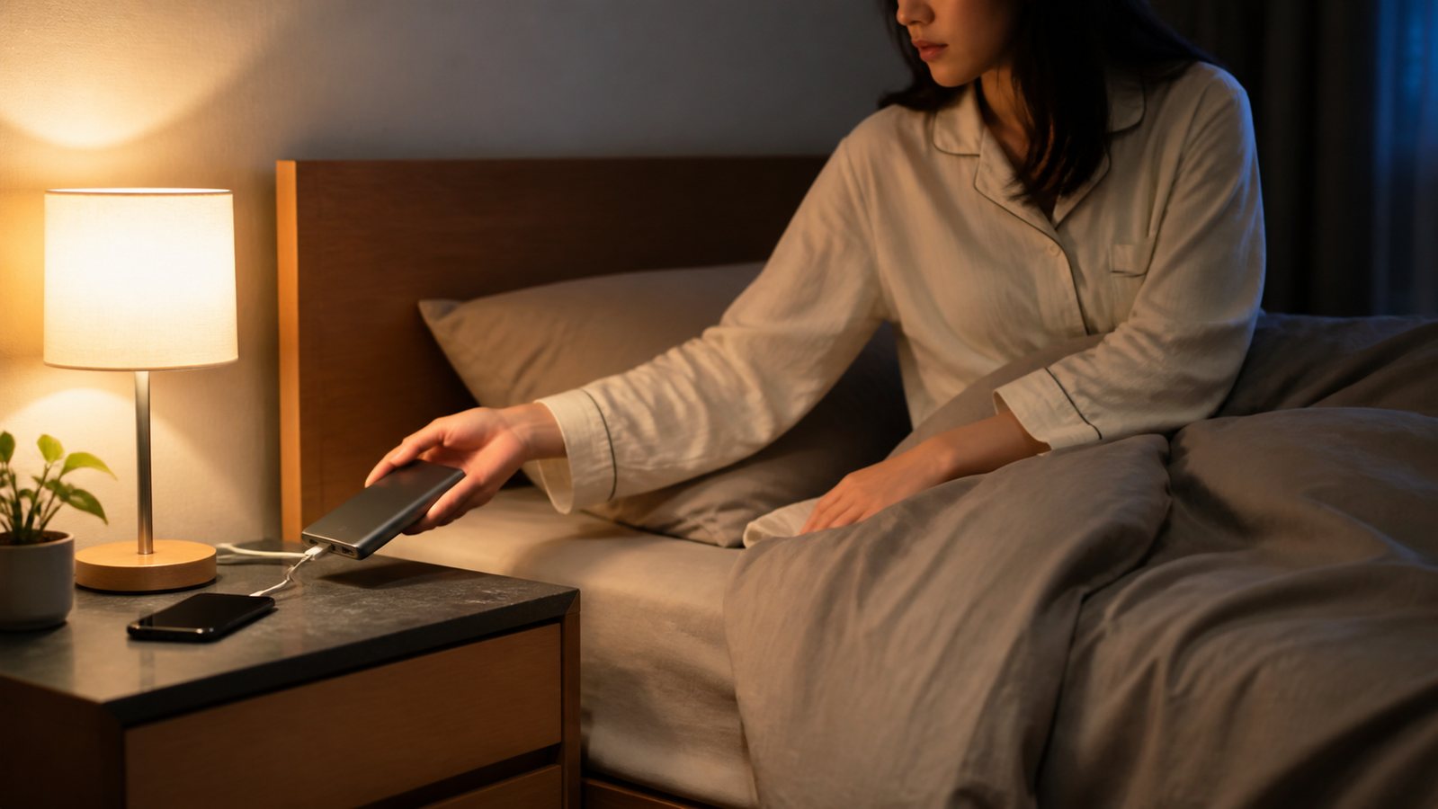 就寝前にモバイルバッテリーの充電を終えてケーブルを外す様子