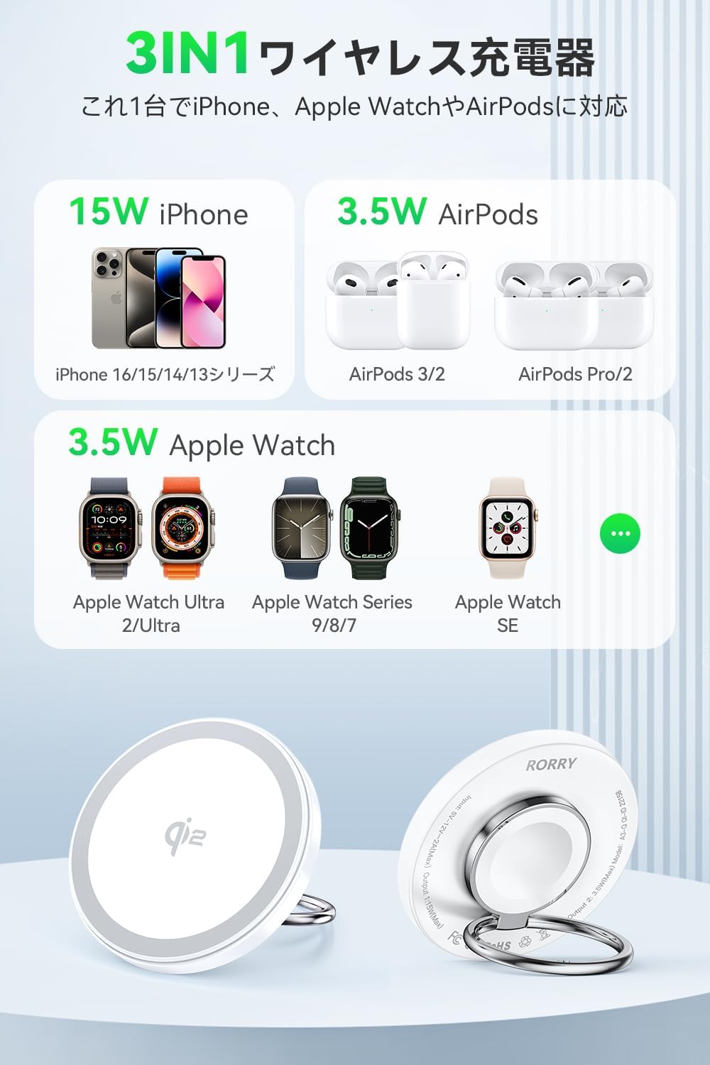 RORRY qi2公式認証 3in1ワイヤレス充電器