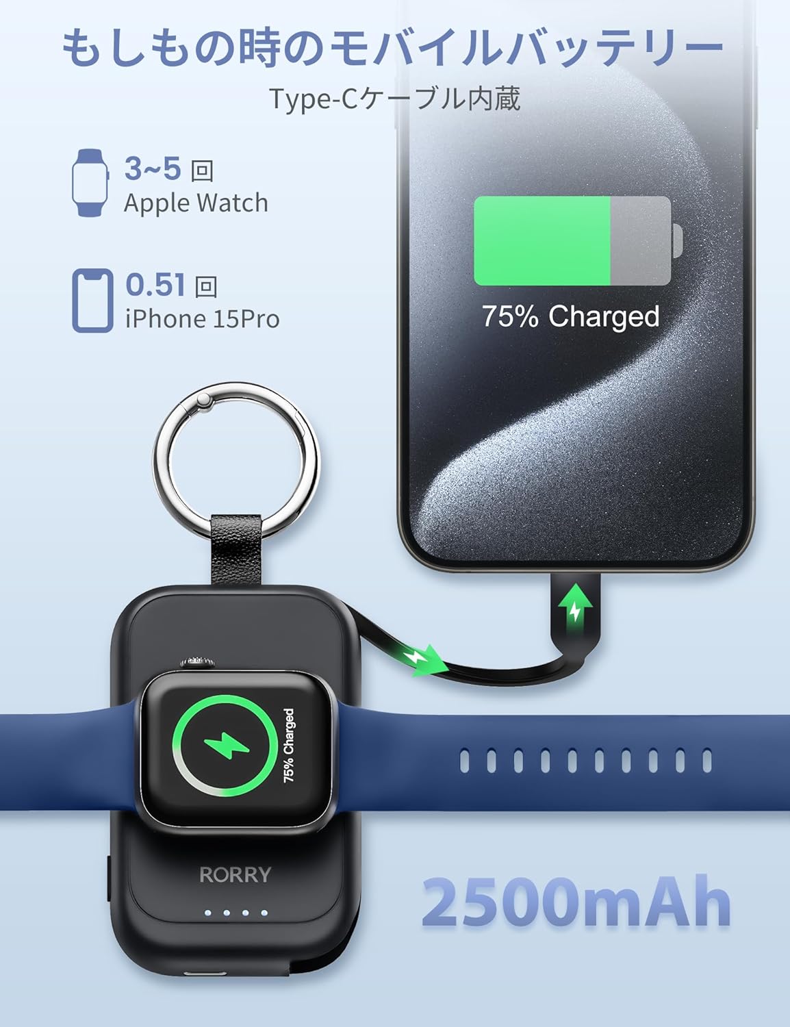 RORRY アップルウォッチ 充電器 モバイルバッテリー 2500mah