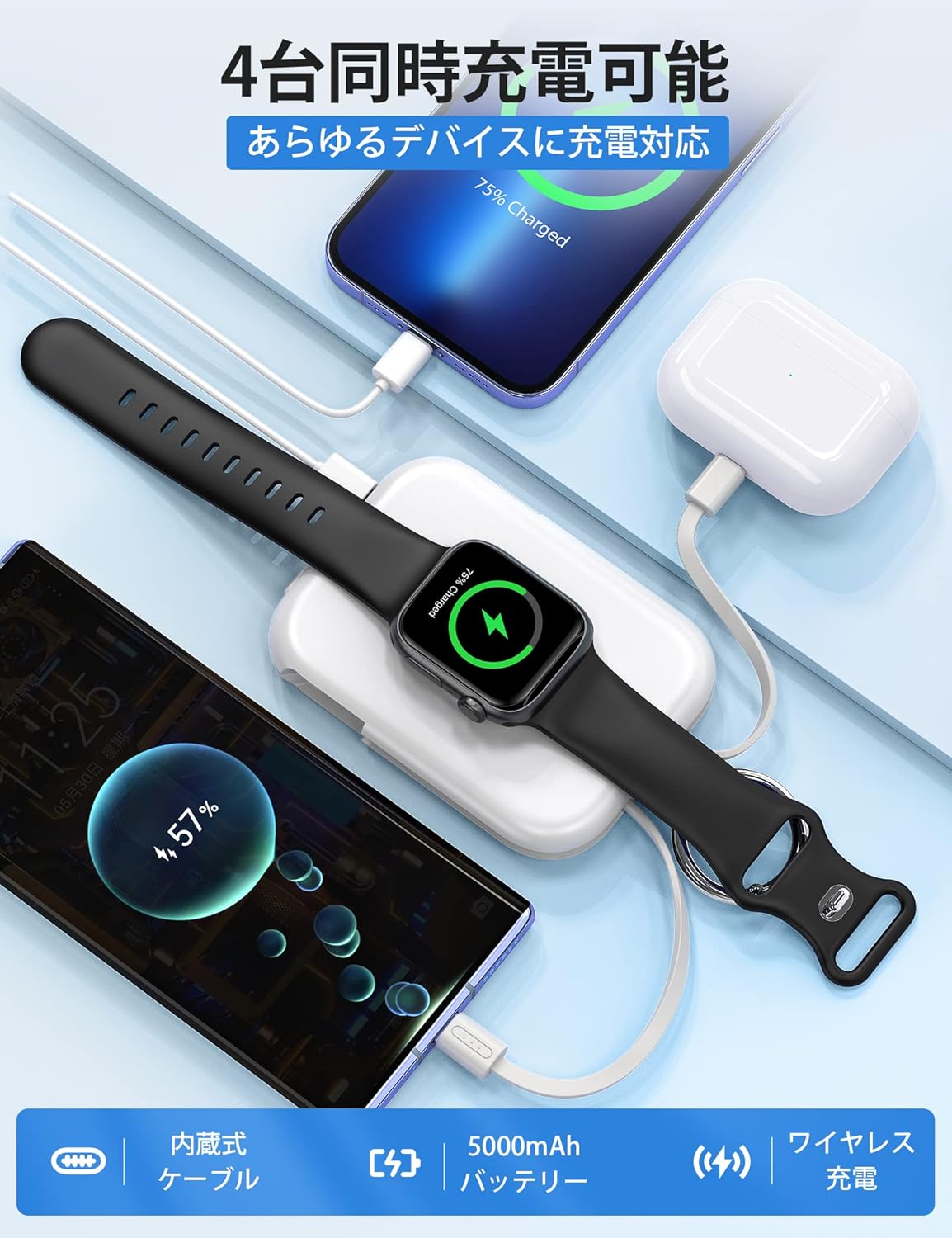 RORRY apple watch 充電器 モバイルバッテリー 5000mAh 2本ケーブル内蔵