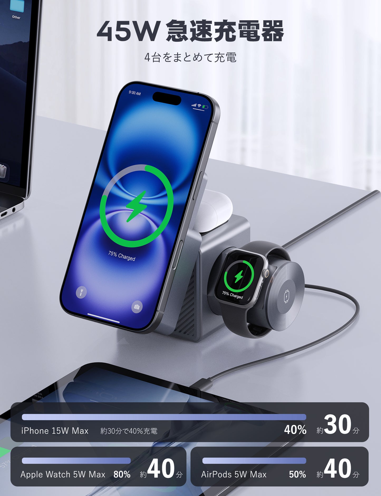 \2025新作/ 究極の充電器 45W】RORRY ワイヤレス充電器 4in1 magsafe対応 モバイルバッテリー 10000mah 大容量 薄型 アップルウォッチ充電器 15W マグセーフ充電器 急速充電 USB-C電源アダプター付 充電ステーションfor iPhone/apple watch/airpods