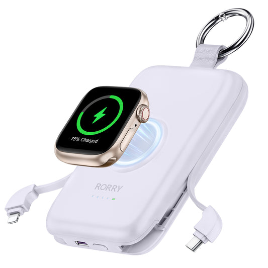RORRY D2 モバイルバッテリー 10000mAh ケーブル内蔵・Apple Watch対応・3in1・小型軽量・4台同時PD20W急速充電・磁気充電