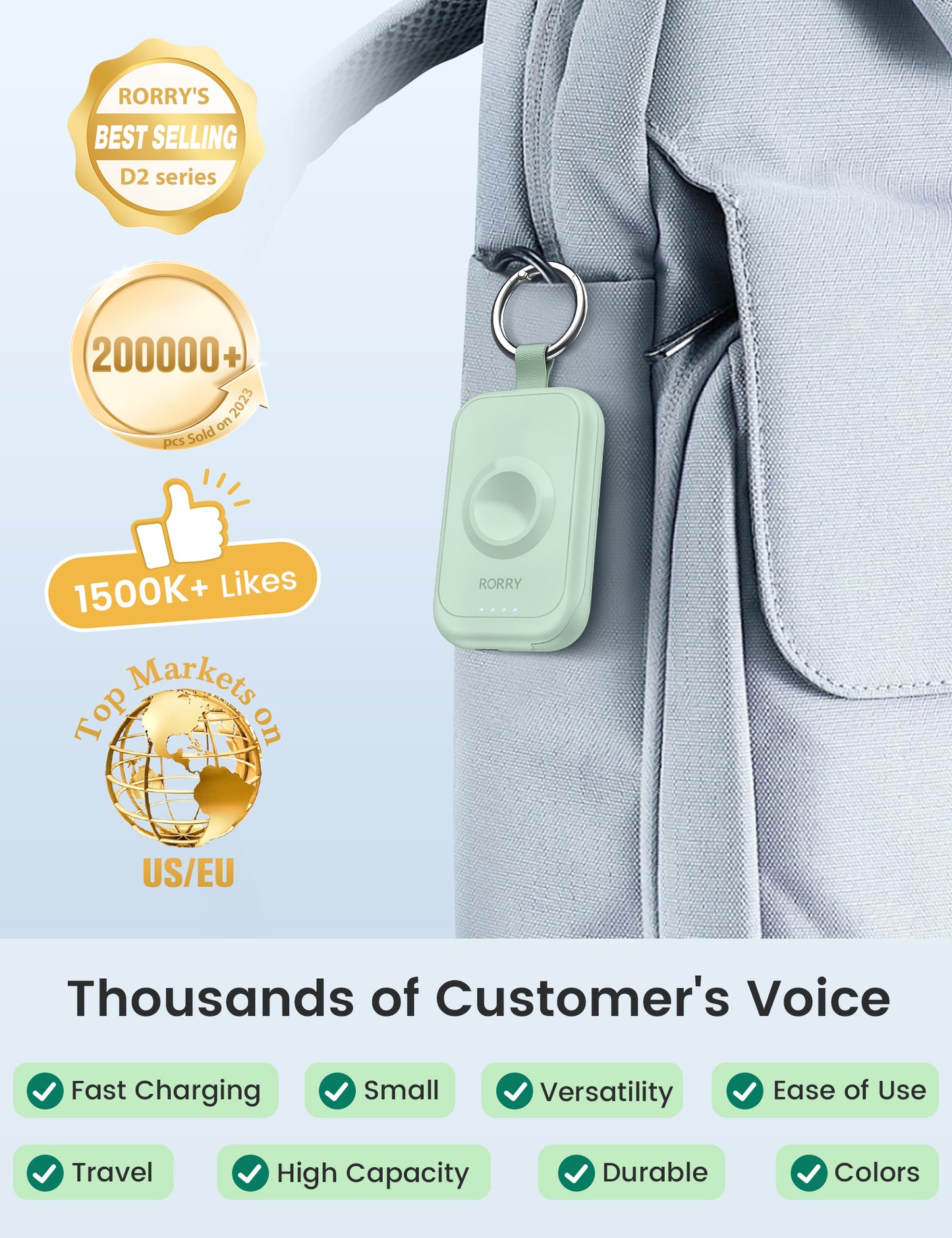 RORRY D2 Apple Watch モバイルバッテリー 2500mAh USB-C内蔵 2in1 充電器 ライト・コンパクト PSE認証