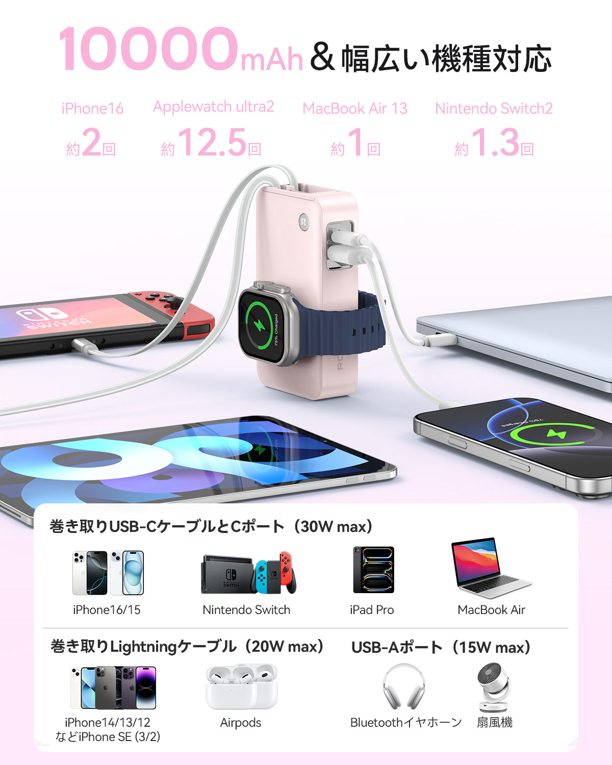 RORRY H1 10000mAh モバイルバッテリー(伸縮ケーブル内蔵・30W出力)