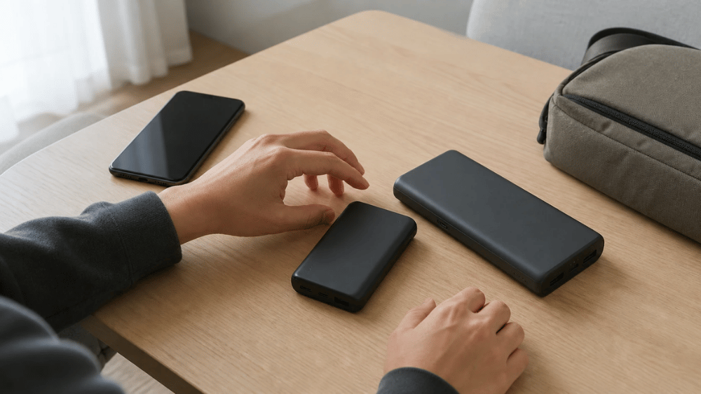 A person choosing between two unbranded power banks beside a smartphone and a compact travel bag