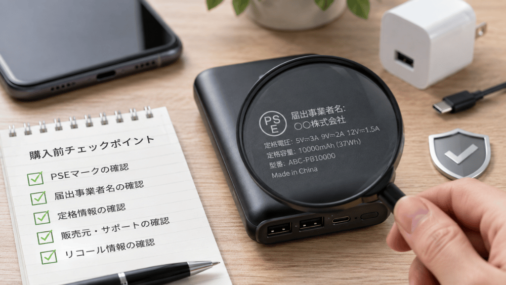 A shopper checks the compliance label on a power bank beside its packaging and instruction manual