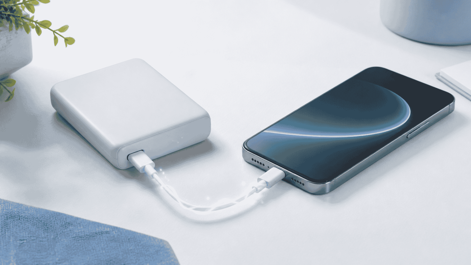 モバイルバッテリーからUSB-Cケーブルでスマートフォンを急速充電する様子