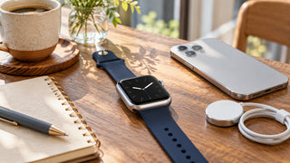 Apple WatchとiPhone、磁気充電ケーブルを並べた外出前の準備