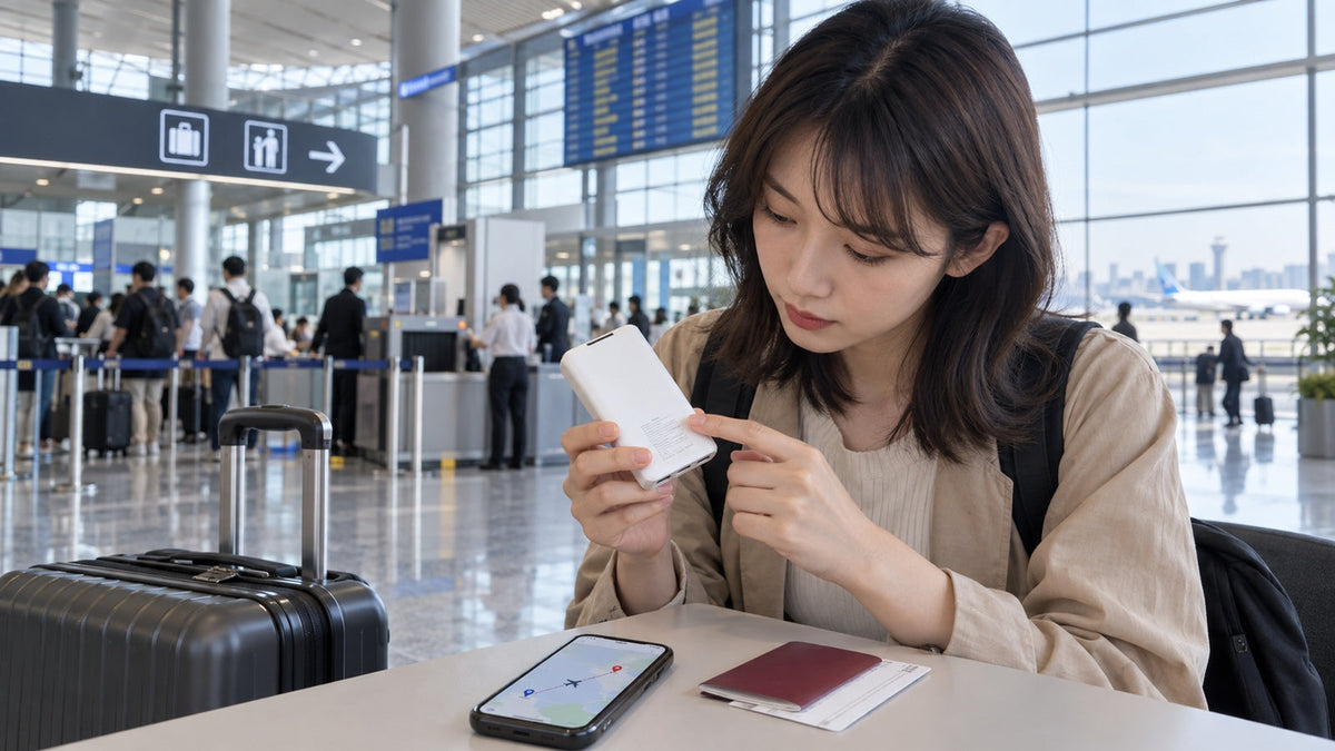 中国の空港で国内線搭乗前にモバイルバッテリーの表示を確認する旅行者