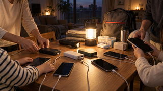 停電時に家族のスマートフォンを複数のモバイルバッテリーで充電する備え