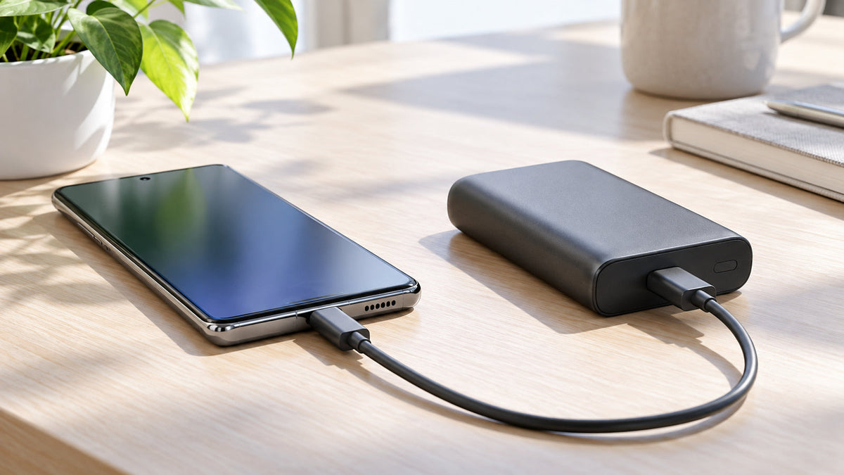USB-Cケーブルでスマートフォンとモバイルバッテリーを接続した様子
