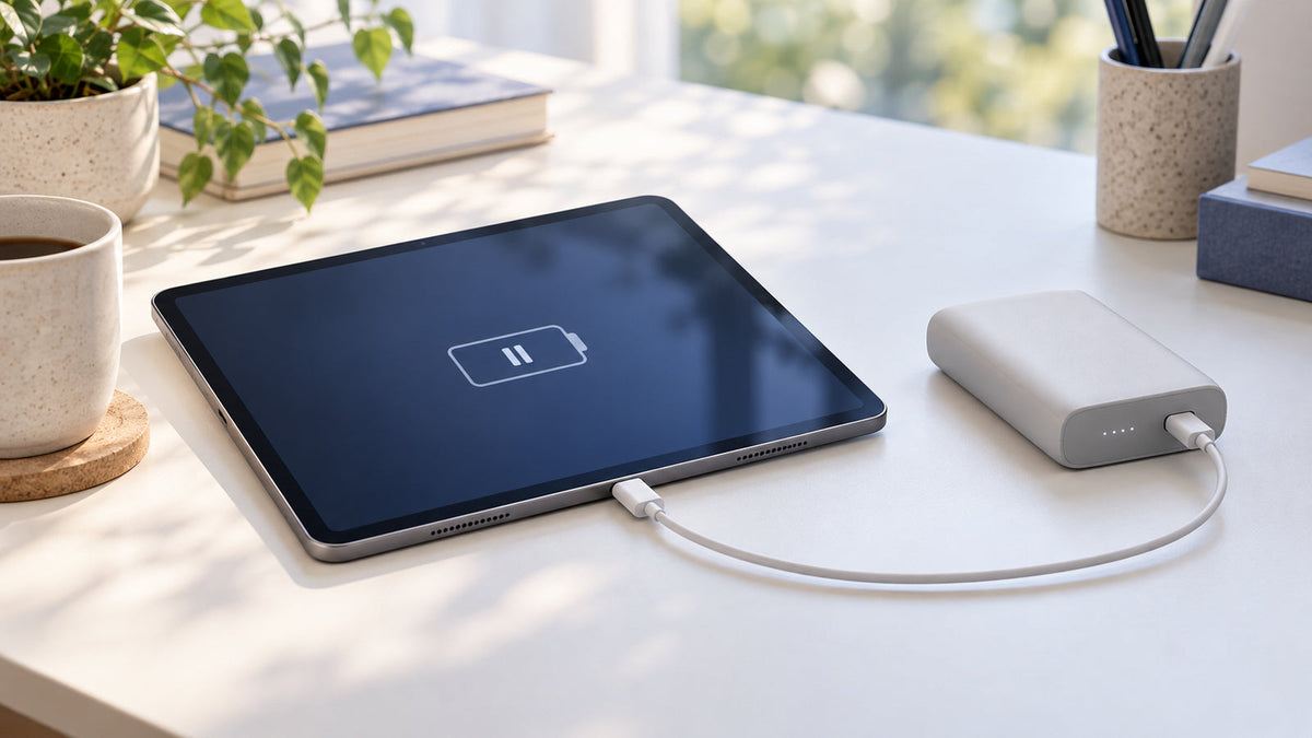 モバイルバッテリーに接続したタブレットに充電一時停止のアイコンが表示された様子
