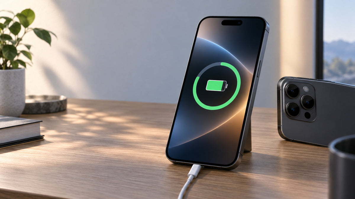 iPhone 18 Proの80％充電停止を表す端末とUSB-Cケーブル