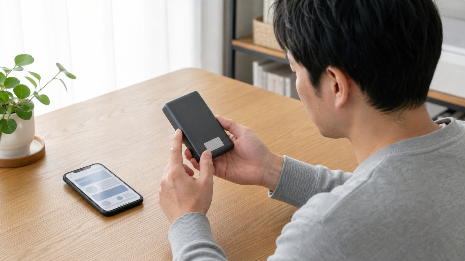 モバイルバッテリーの本体表示を見ながらリコール情報を確認する様子