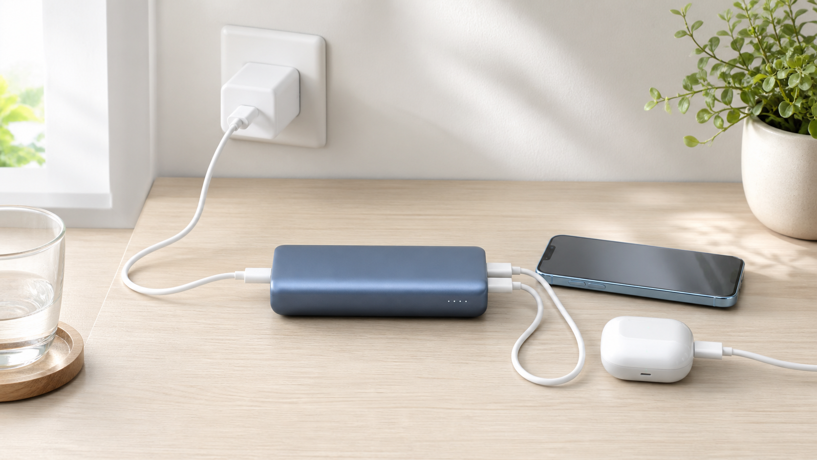 モバイルバッテリーを充電しながらスマートフォンへ給電する開放的な机上環境