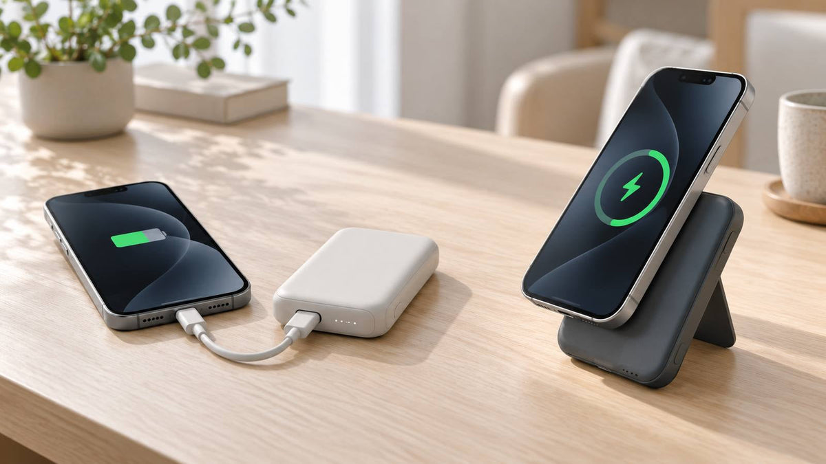 有線接続とワイヤレス接続でスマートフォンを充電する携帯用電源