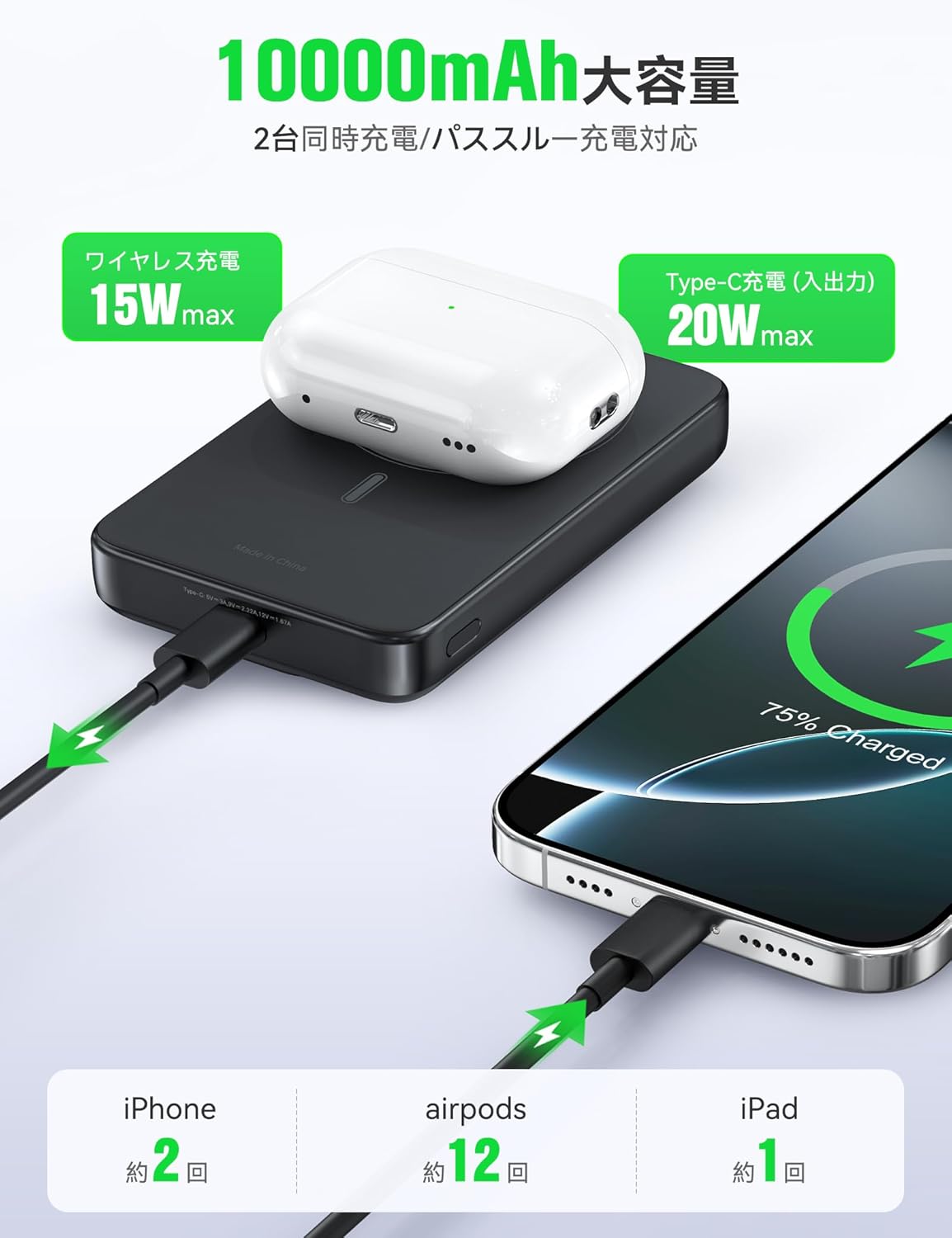 RORRY モバイルバッテリー 10000mAh Qi2公式認証・15W急速充電】