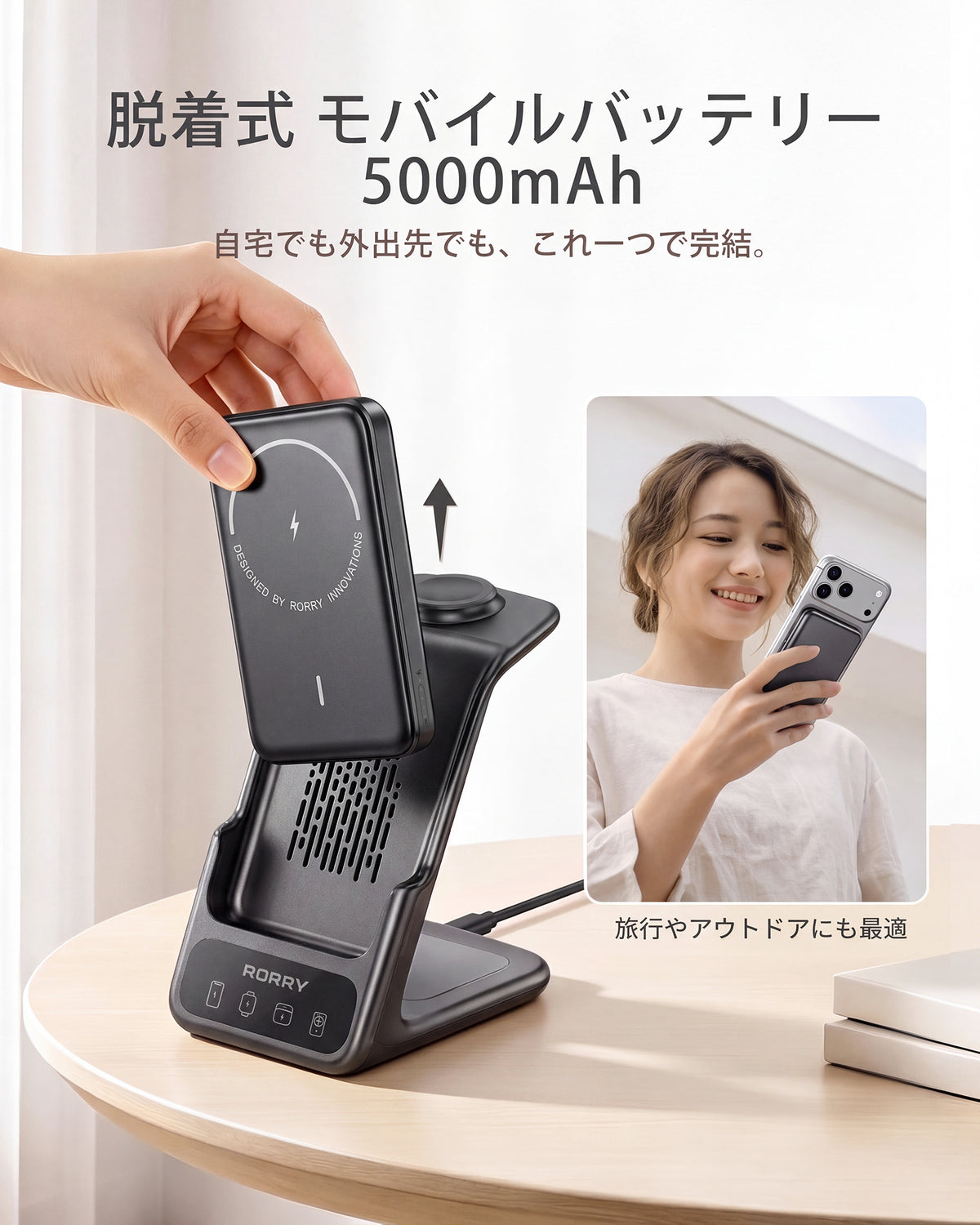 RORRY AuraDock® M2-5000mAh 4in1 充電ステーション 着脱式モバイルバッテリー付き