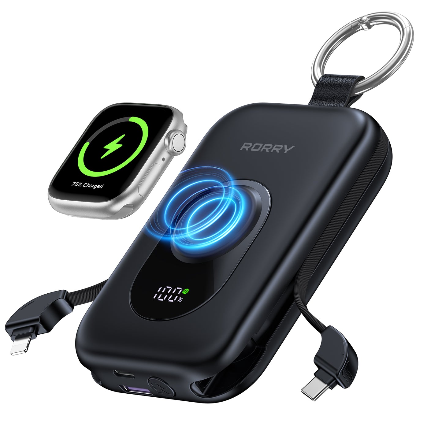 RORRY D2【強化版】モバイルバッテリー 大容量 20000mAh 30W 2本ケーブル内蔵 アップルウォッチ 充電器 3in1 小型 4台同時充電 Type-C 急速充電 携帯充電器