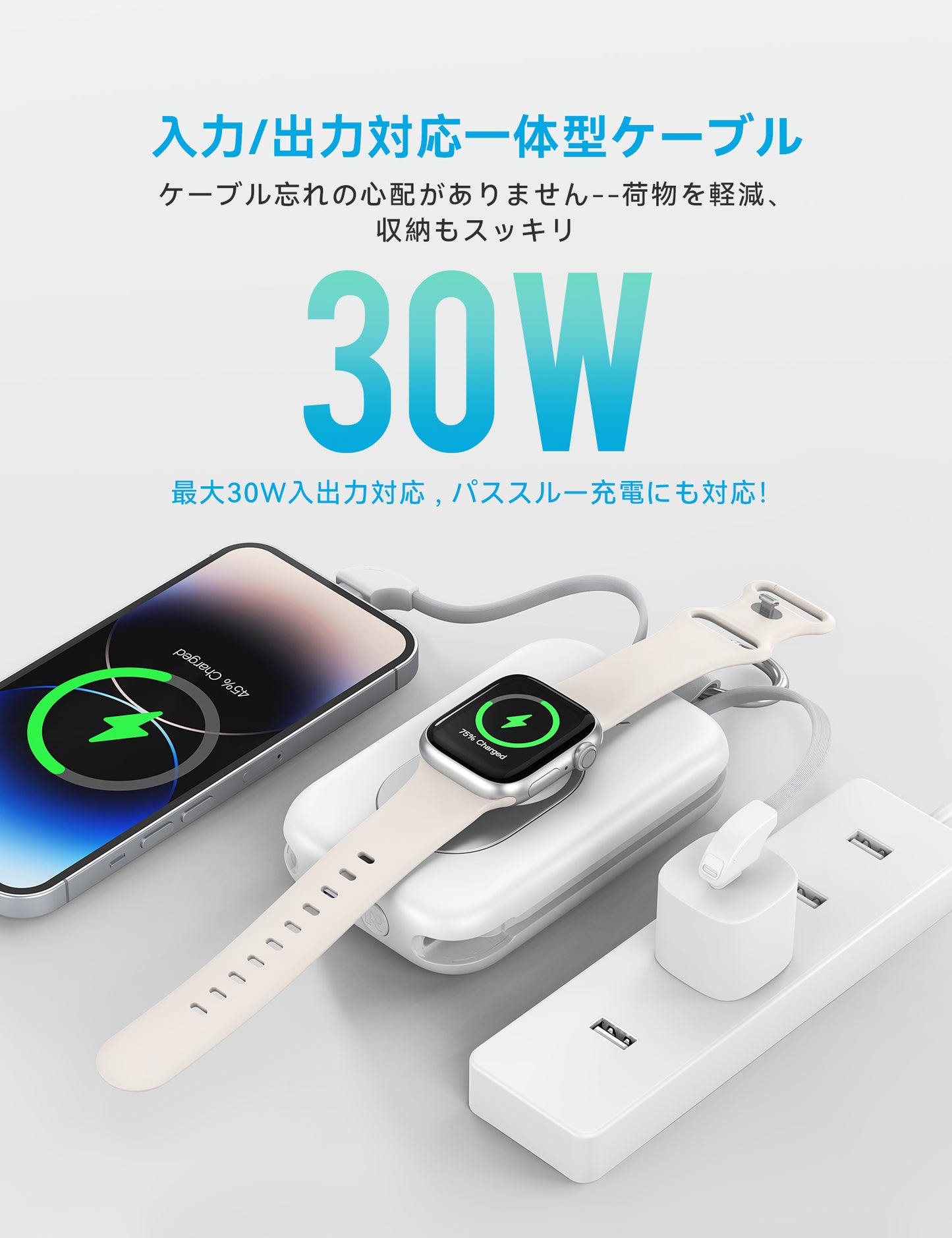 RORRY D2【強化版】モバイルバッテリー 大容量 20000mAh 30W 2本ケーブル内蔵 アップルウォッチ 充電器 3in1 小型 4台同時充電 Type-C 急速充電 携帯充電器