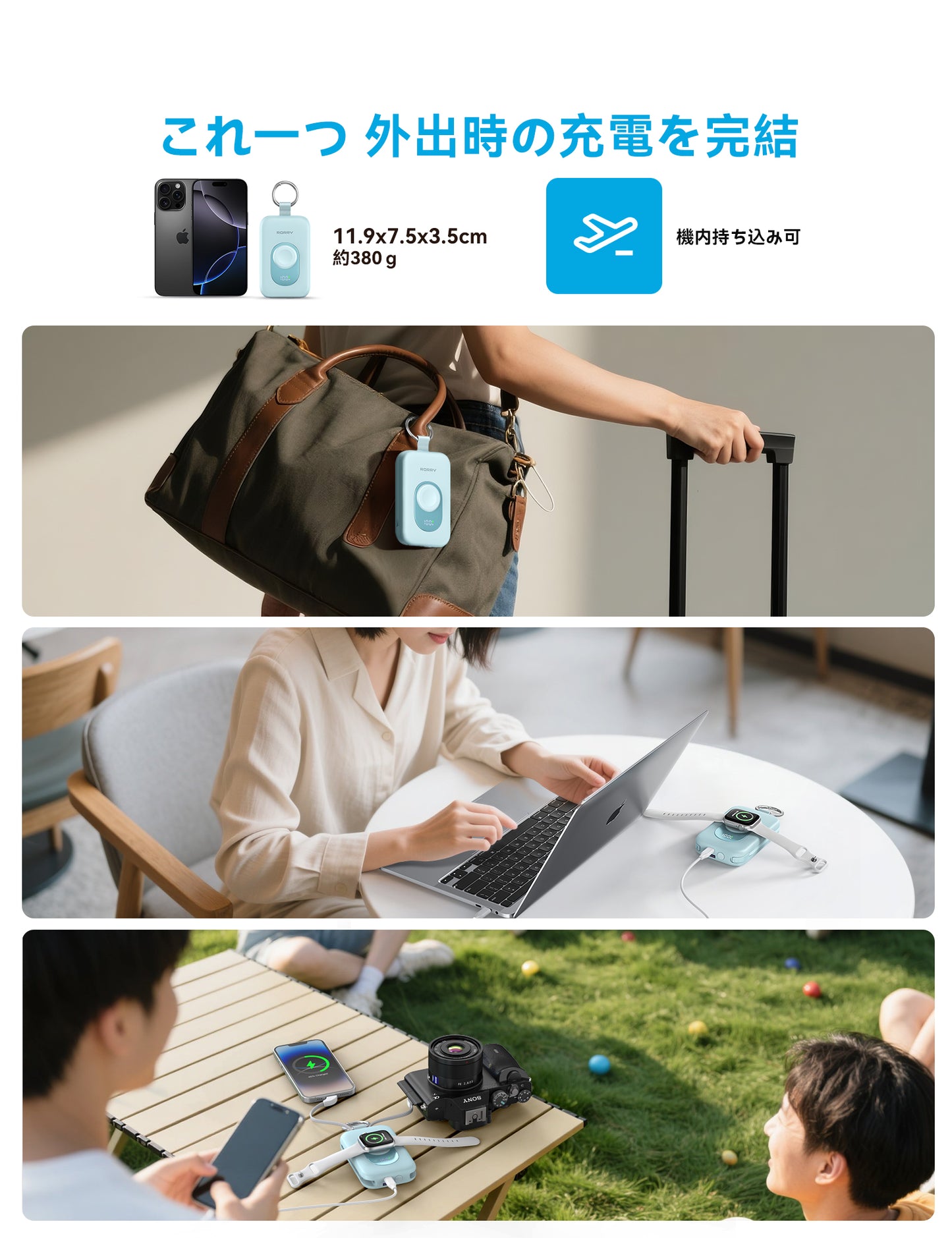 RORRY D2【強化版】モバイルバッテリー 大容量 20000mAh 30W 2本ケーブル内蔵 アップルウォッチ 充電器 3in1 小型 4台同時充電 Type-C 急速充電 携帯充電器