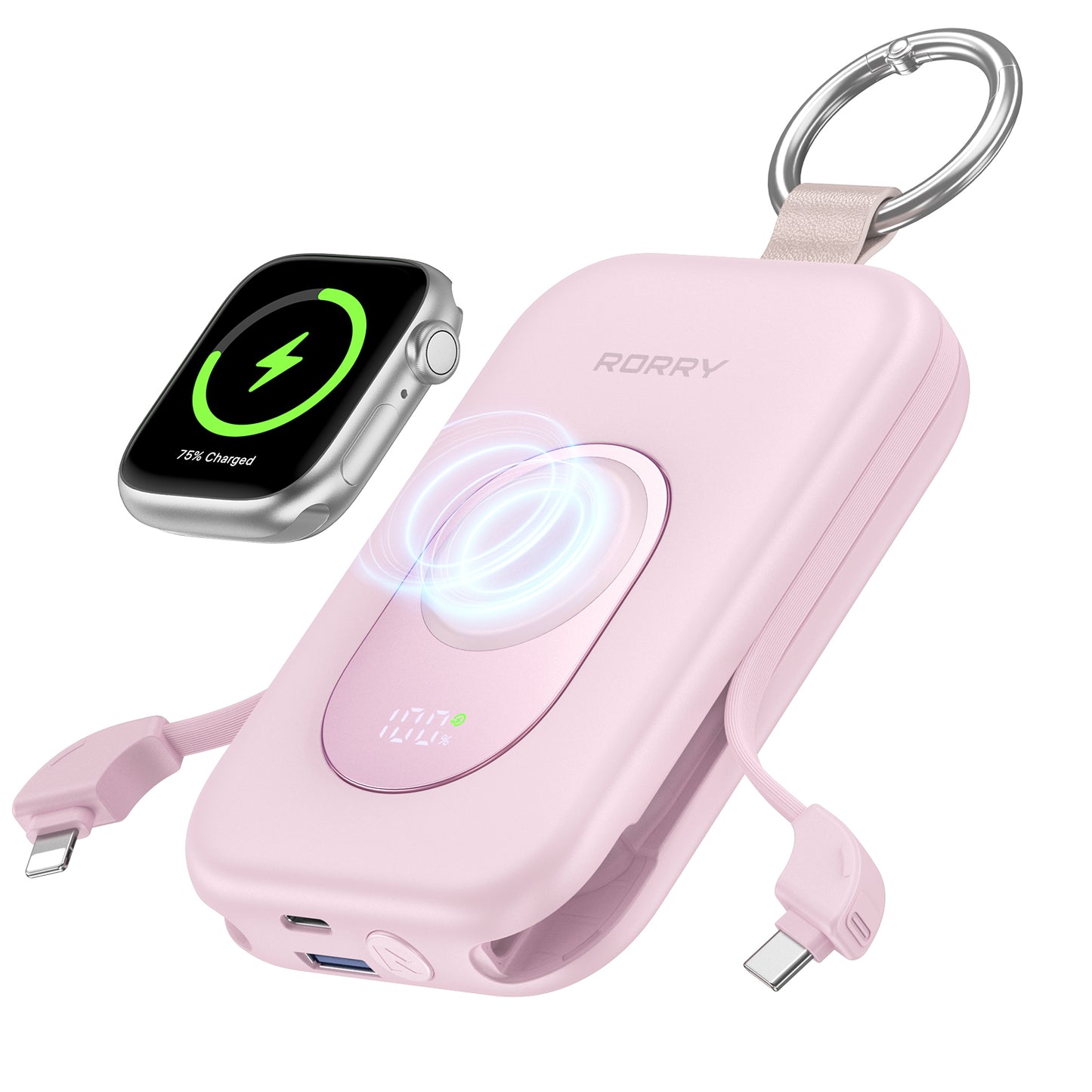 RORRY D2【強化版】モバイルバッテリー 大容量 20000mAh 30W 2本ケーブル内蔵 アップルウォッチ 充電器 3in1 小型 4台同時充電 Type-C 急速充電 携帯充電器