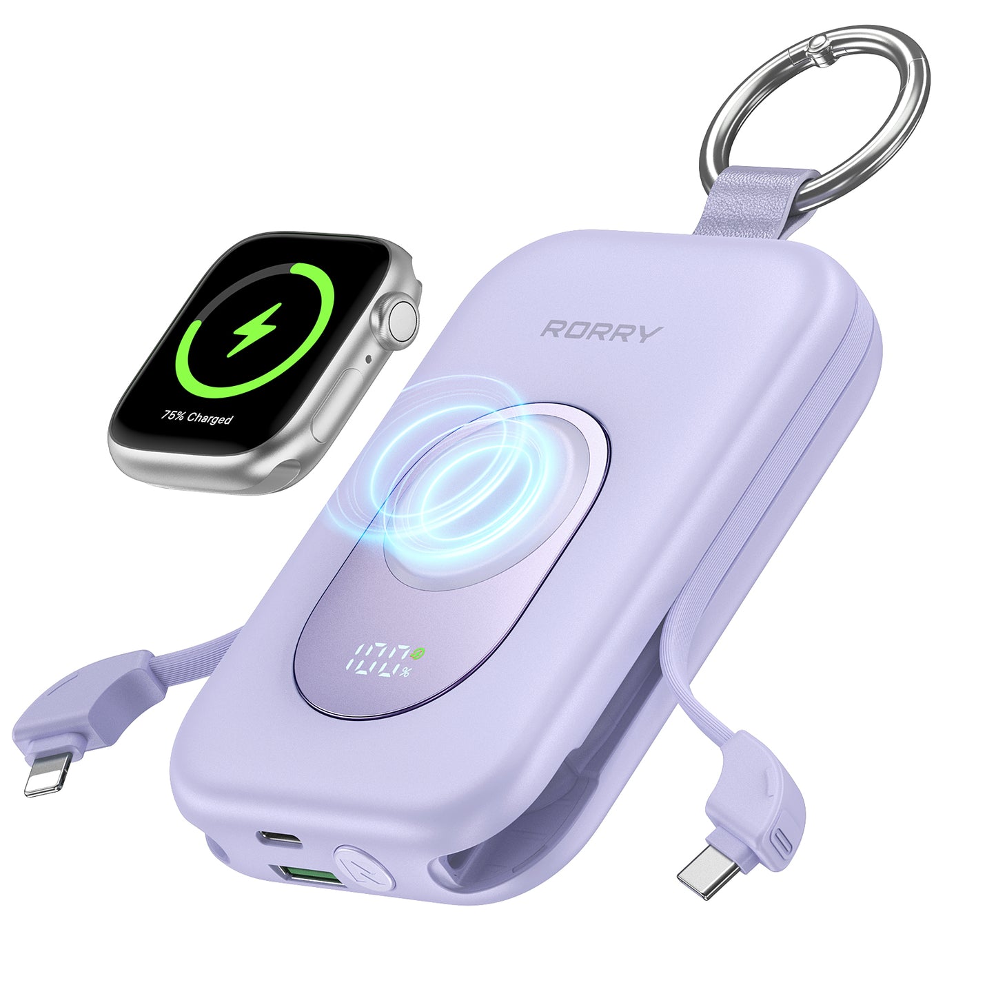 RORRY D2【強化版】モバイルバッテリー 大容量 20000mAh 30W 2本ケーブル内蔵 アップルウォッチ 充電器 3in1 小型 4台同時充電 Type-C 急速充電 携帯充電器