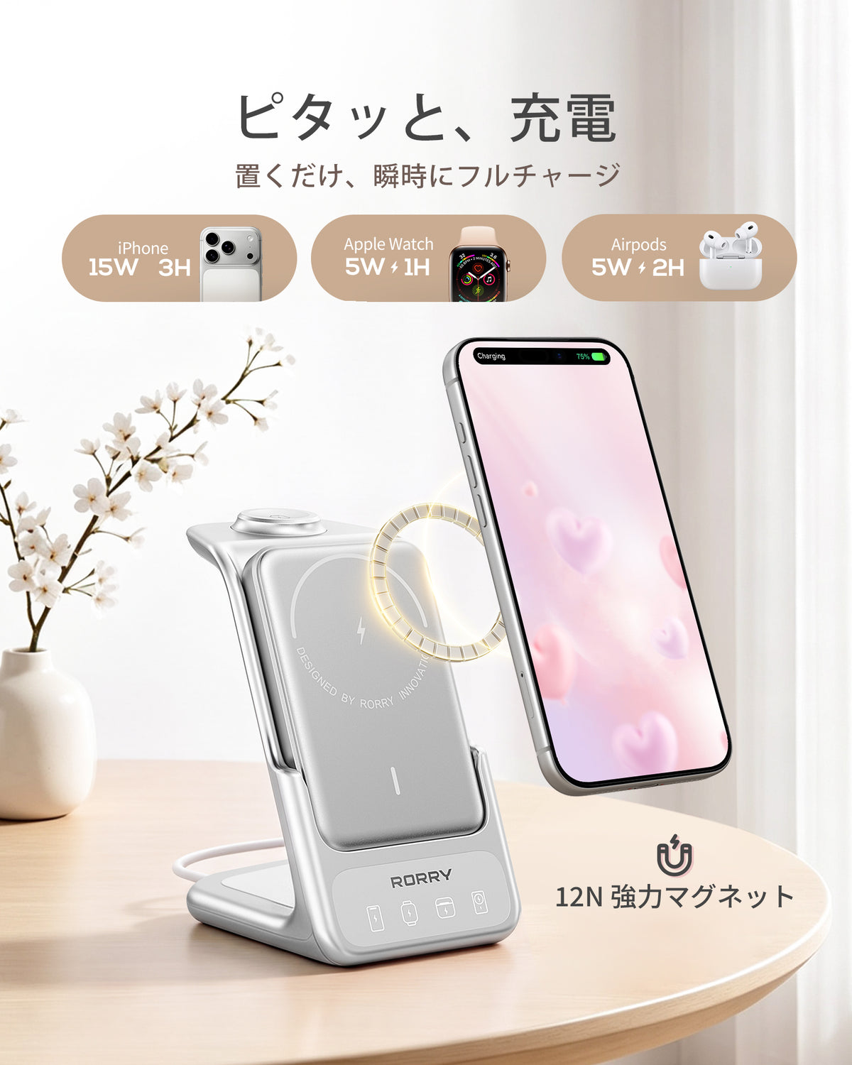 RORRY AuraDock® M2-5000mAh 4in1 充電ステーション 着脱式モバイルバッテリー付き