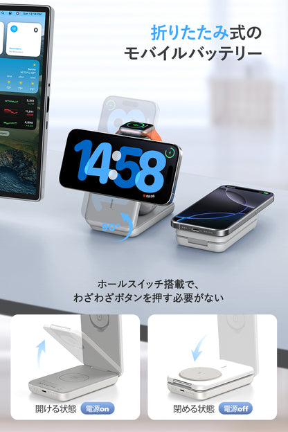 RORRY M3 【10000mAh 大容量・ iphone apple watch airpods 同時充電・完全ワイヤレススタンド】magsafeモバイルバッテリー アップルウォッチ充 電 3台 パススルー 充電ドッグ コンパクト