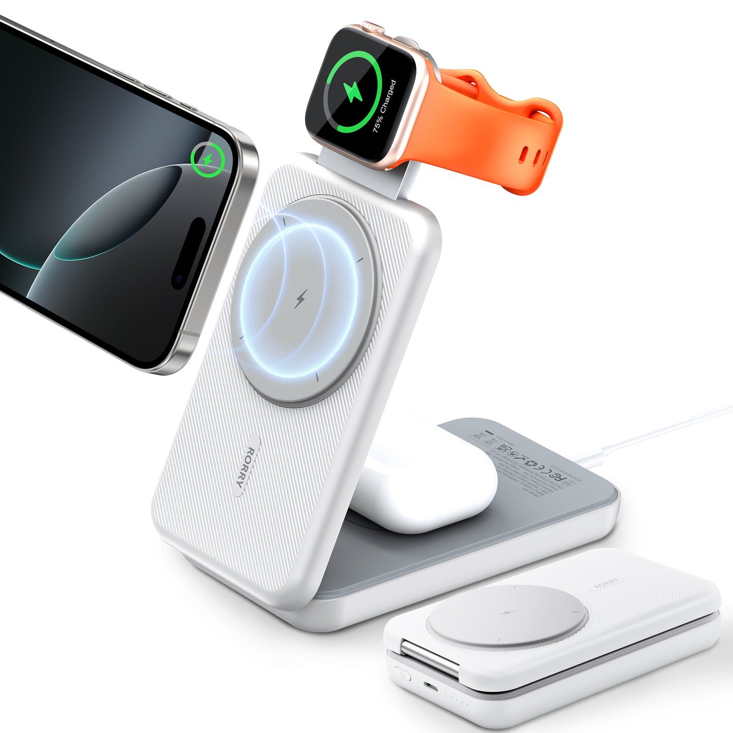 RORRY M3 【10000mAh 大容量・ iphone apple watch airpods 同時充電・完全ワイヤレススタンド】magsafeモバイルバッテリー アップルウォッチ充 電 3台 パススルー 充電ドッグ コンパクト