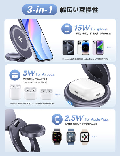 RORRY A6 3in1 Qi2 回転式MagSafe充電スタンド（15W・折りたたみ対応）