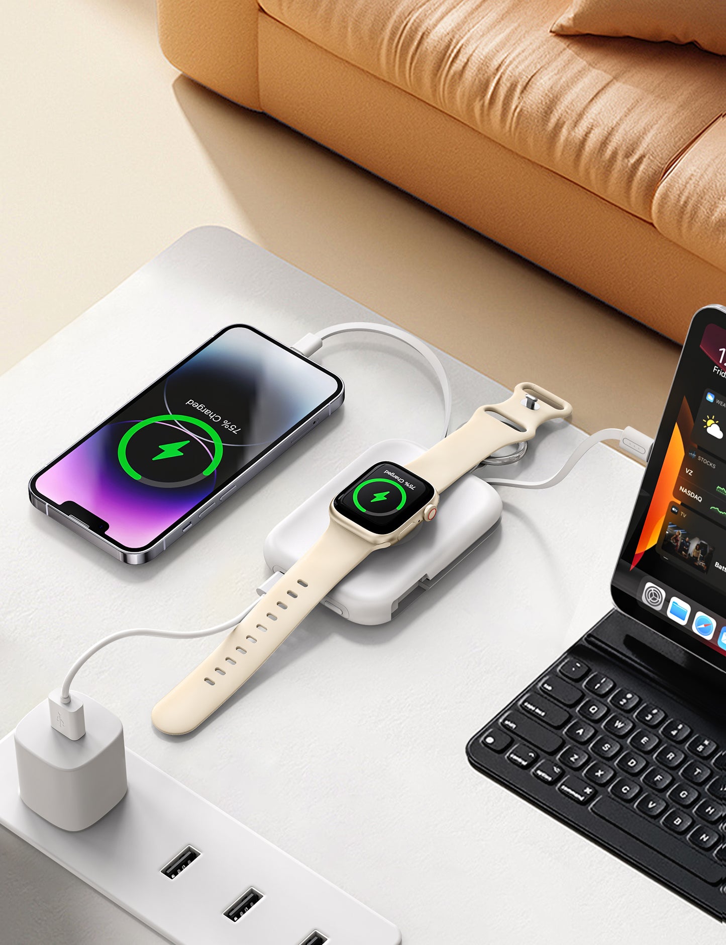 RORRY D2 モバイルバッテリー 5000mAh 2本ケーブル内蔵 iPhone/Type-C アップルウォッチ対応 最大4台同時 PSE認証 軽量コンパクト