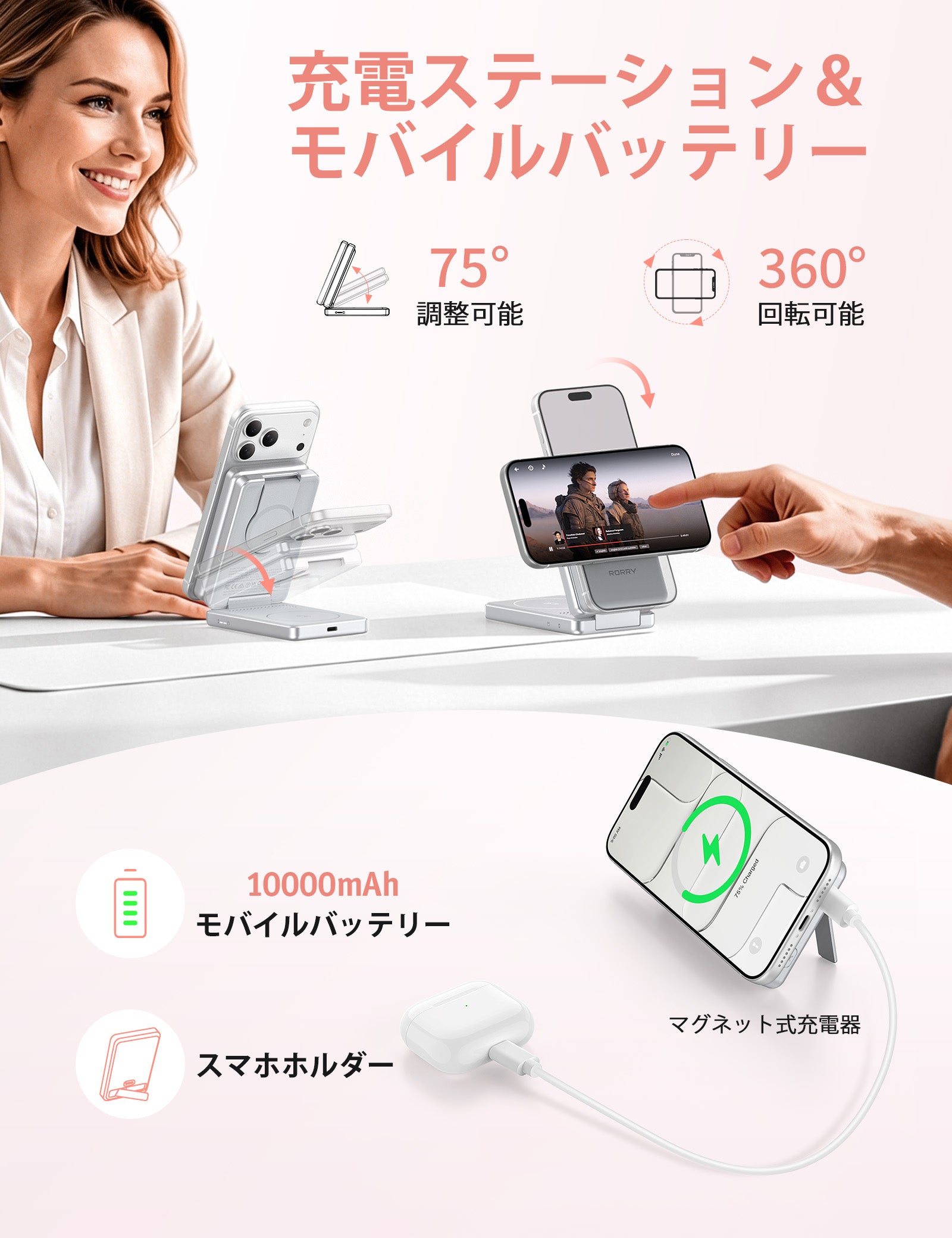 RORRY AuraDock M1-10000mAh 4in1 充電ステーション マグネット式モバイルバッテリー 30W
