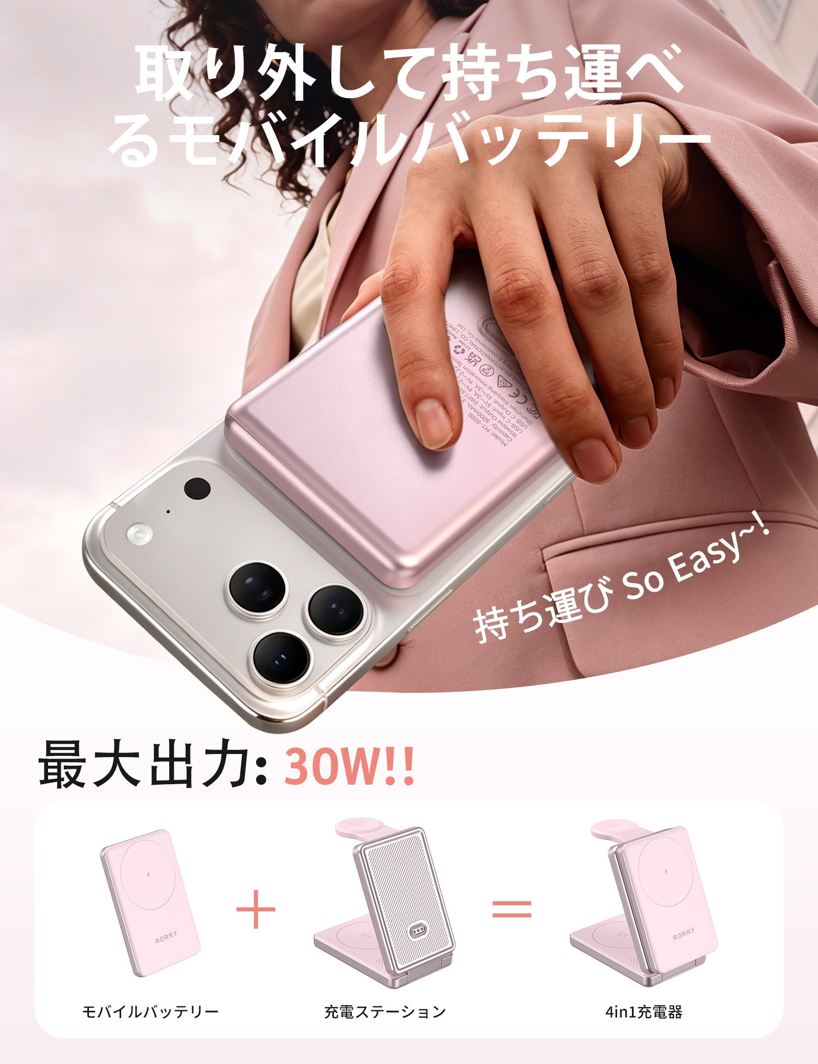 RORRY AuraDock M1-10000mAh 4in1 充電ステーション マグネット式モバイルバッテリー 30W