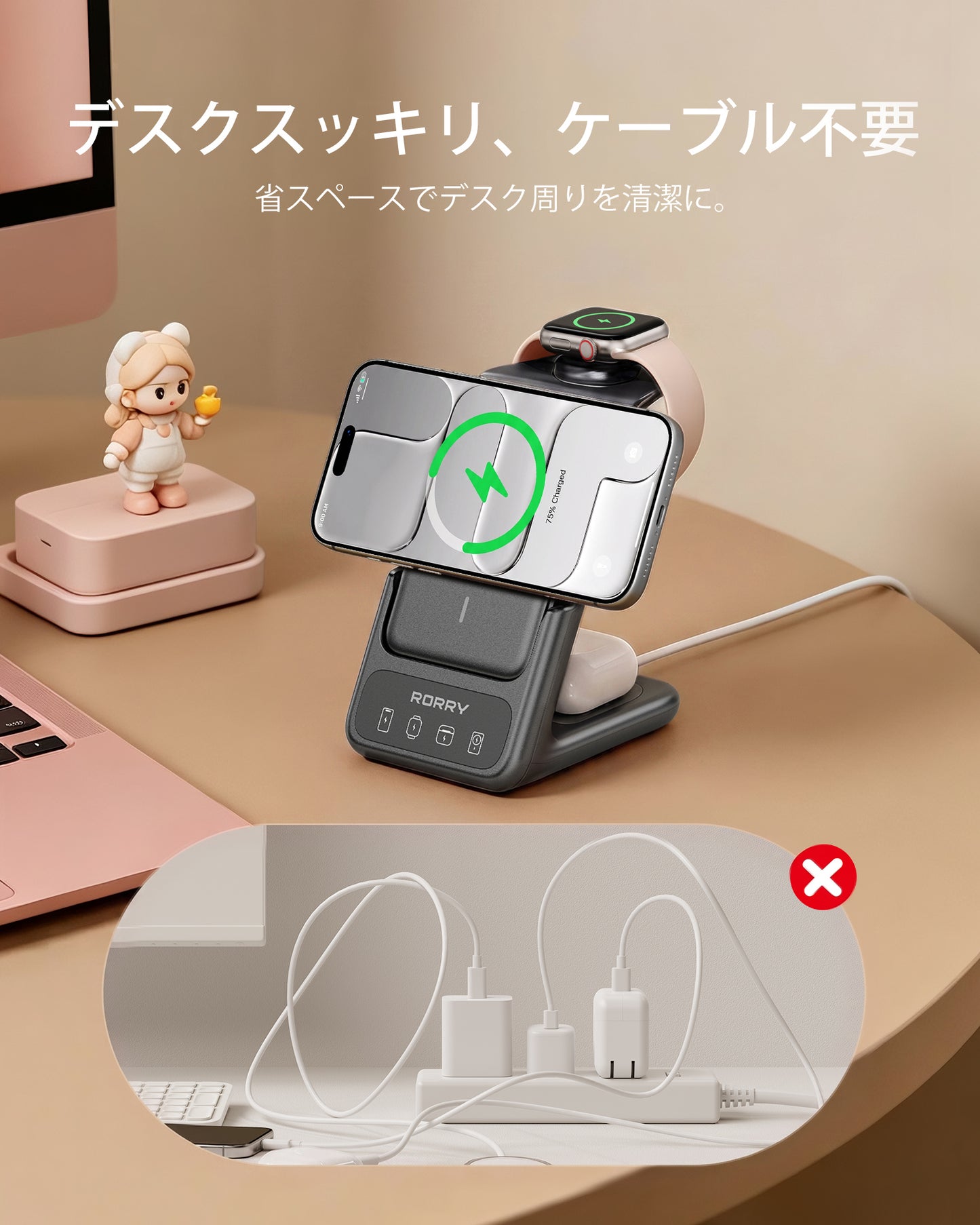 RORRY AuraDock M2-5000mAh 4in1 充電ステーション 着脱式モバイルバッテリー付き