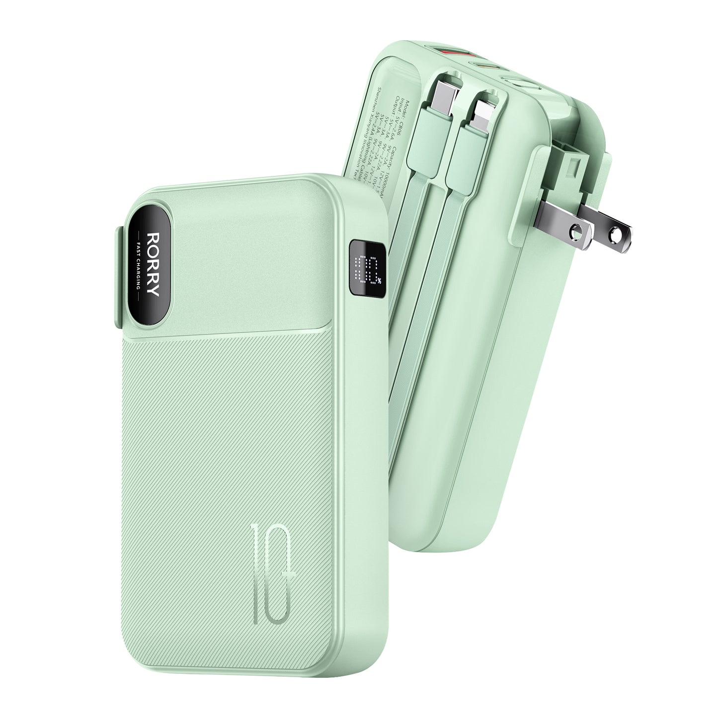 RORRY コンセント一体型モバイルバッテリー 10000mAh PD22.5W 4台同時充電 ディスプレイ搭載 折畳みACプラグ 2本ケーブル内蔵 PSE認証
