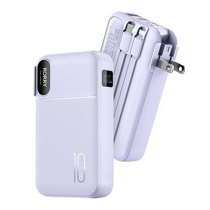 RORRY コンセント一体型モバイルバッテリー 10000mAh PD22.5W 4台同時充電 ディスプレイ搭載 折畳みACプラグ 2本ケーブル内蔵 PSE認証