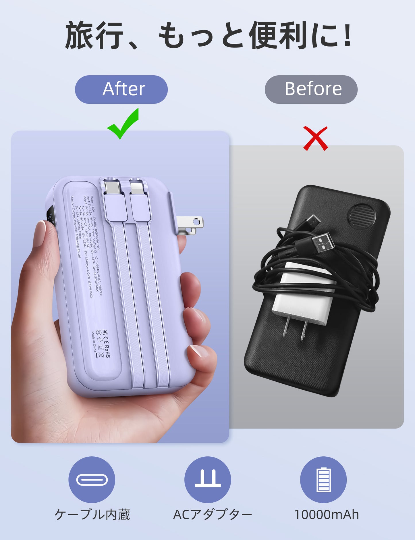 RORRY コンセント一体型モバイルバッテリー 10000mAh PD22.5W 4台同時充電 ディスプレイ搭載 折畳みACプラグ 2本ケーブル内蔵 PSE認証