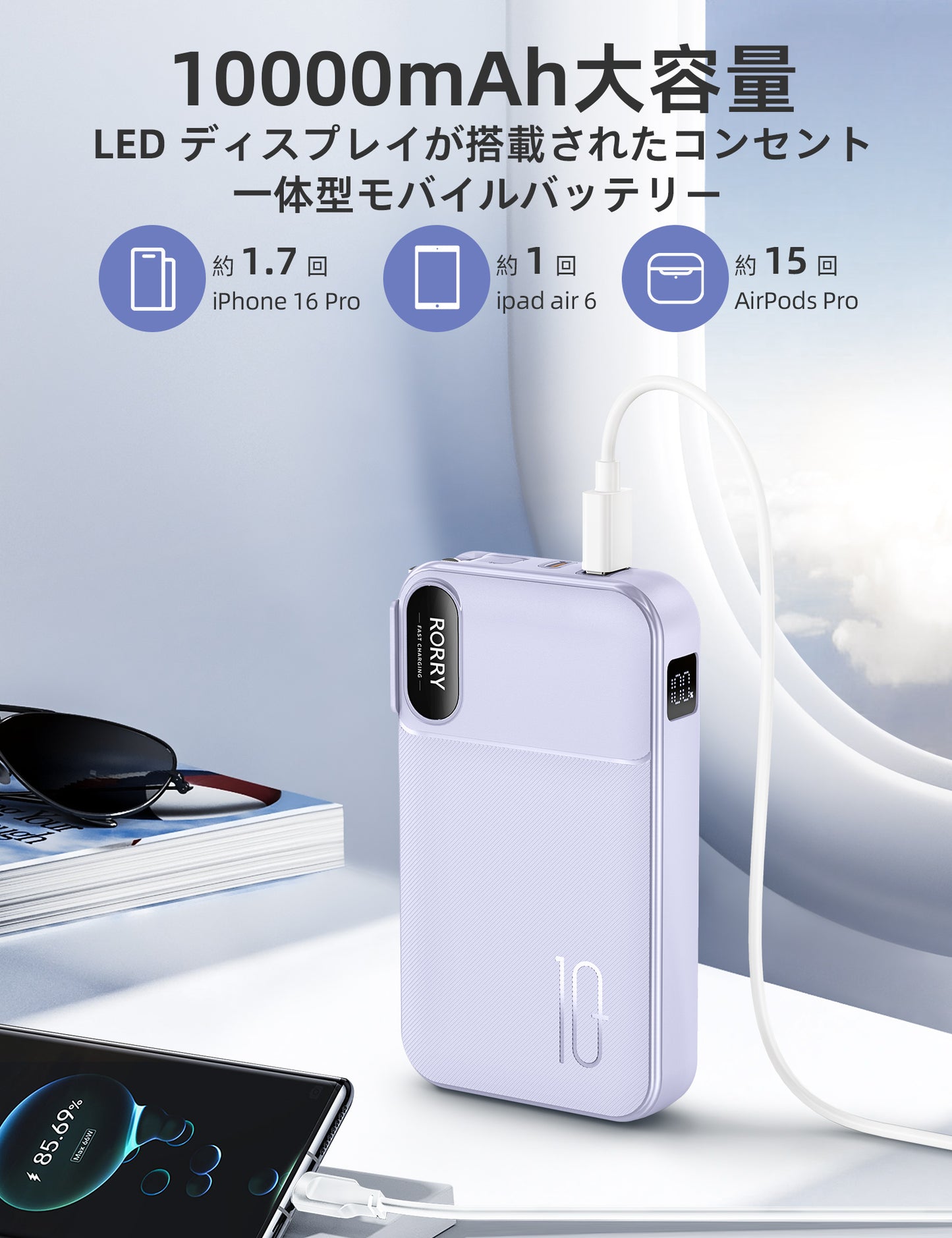 RORRY コンセント一体型モバイルバッテリー 10000mAh PD22.5W 4台同時充電 ディスプレイ搭載 折畳みACプラグ 2本ケーブル内蔵 PSE認証