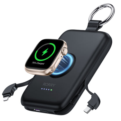 RORRY D2 モバイルバッテリー 10000mAh ケーブル内蔵・Apple Watch対応・3in1・小型軽量・4台同時PD20W急速充電・磁気充電