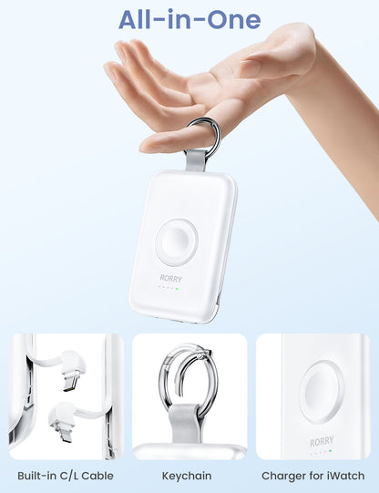 RORRY D2 モバイルバッテリー 10000mAh ケーブル内蔵・Apple Watch対応・3in1・小型軽量・4台同時PD20W急速充電・磁気充電