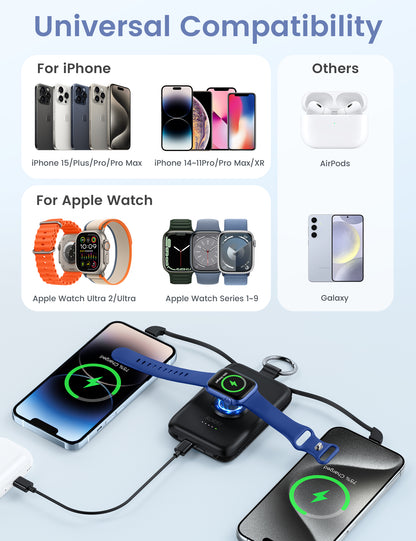 RORRY D2 モバイルバッテリー 10000mAh ケーブル内蔵・Apple Watch対応・3in1・小型軽量・4台同時PD20W急速充電・磁気充電