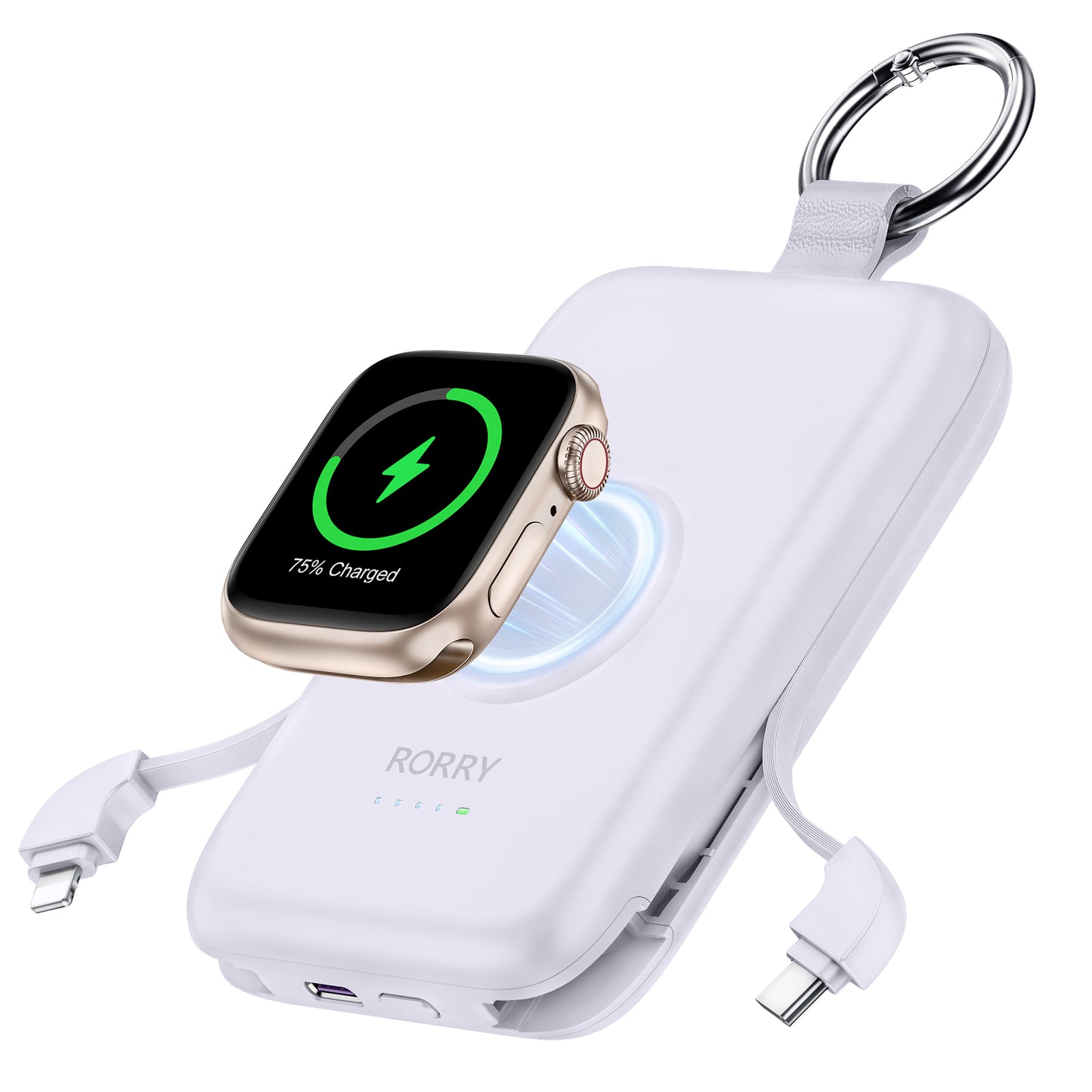 RORRY D2 モバイルバッテリー 10000mAh ケーブル内蔵・Apple Watch対応・3in1・小型軽量・4台同時PD20W急速充電・磁気充電