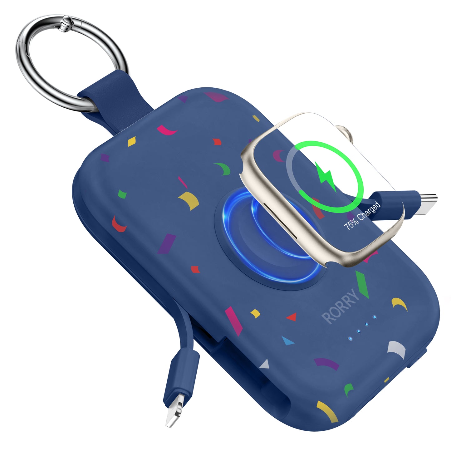 RORRY D2 モバイルバッテリー 5000mAh 2本ケーブル内蔵 iPhone/Type-C アップルウォッチ対応 最大4台同時 PSE認証 軽量コンパクト