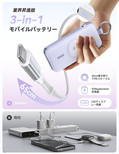 RORRY D3 12000mAh キーチェーン型モバイルバッテリー 30W